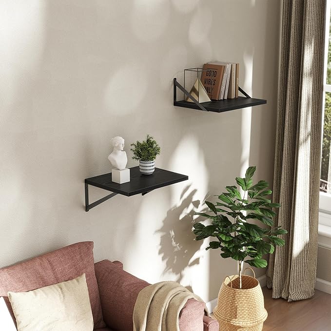 Deep Floating Shelves Wall Mounted, 16"x12" Black Wall Shelves with Brackets Set of 2 for Bedroom, Living Room, Bathroom, Kitchen, Office - Storage & Display Shelf for Decor, Books, Plants