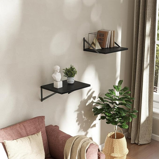Deep Floating Shelves Wall Mounted, 16"x12" Black Wall Shelves with Brackets Set of 2 for Bedroom, Living Room, Bathroom, Kitchen, Office - Storage & Display Shelf for Decor, Books, Plants