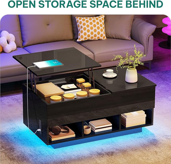 YITAHOME LED Lift Top Coffee Tables for Living Room with Power Outlets Charging Station, Modern Coffee Table with Storage 2 Drawers & Open Shelfs Rectangular Small Center Cocktail Table, Glossy Black