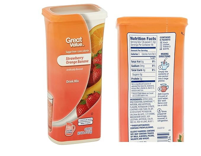 Great Value Drink Mix, Sugar Free, Early Rise Orange, Orange Strawberry Banana and Strawberry Watermelon a Bundle of 3 flavor Canisters. (Canister Designs May Vary)