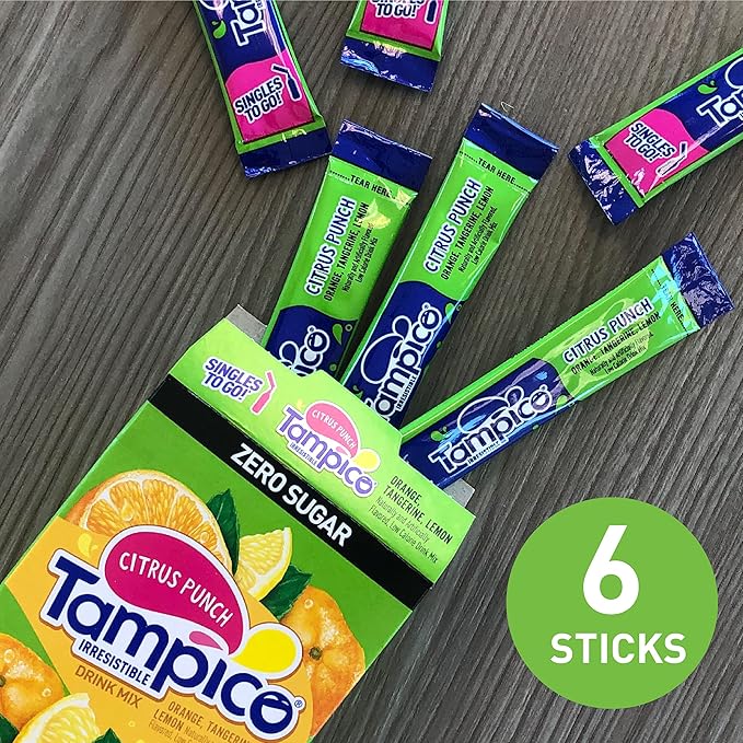 Tampico Singles To Go Drink Mix Packets, Citrus Punch, 6-Count Box – Zero Sugar, Low Calorie Powdered Drink Packets, 100% DV of Vitamin C per Serving, Convenient, On-The-Go Water Enhancers
