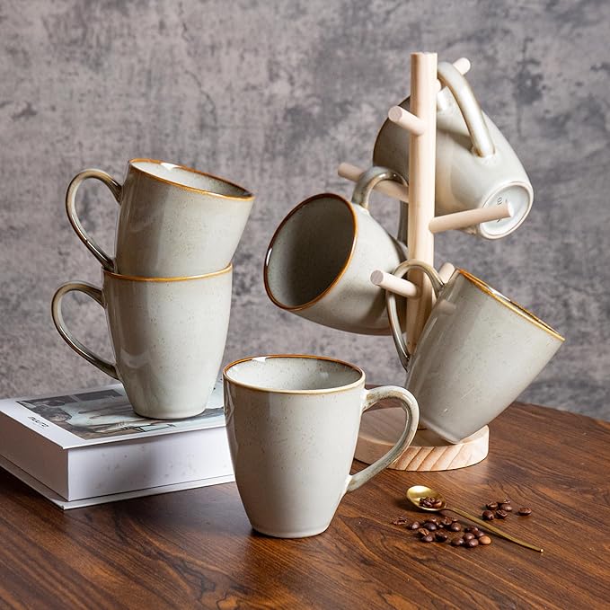 MONITO 17 OZ Coffee Mugs Set of 6, Large Ceramic Coffee Mugs，Modern Coffee Mugs Set with handle for Tea/Latte/Cappuccino/Milk/Cocoa, Funny Tea Cups for Office and Home (Gray-yellow)