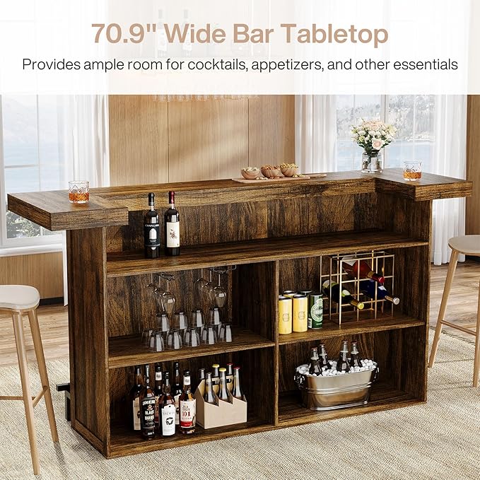 Tribesigns 4-Tier Bar Table, 70.9-Inch Large Wood Home Bar Unit with Wine Glass Holder and Black Footrest, Pub Table with Storage Shelves for Kitchen, Indoor, Brown