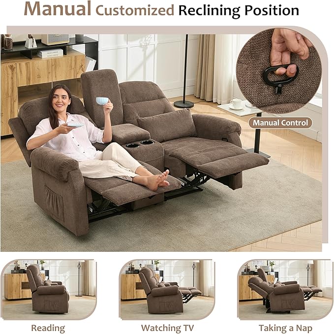 DRMBOOK RV Loveseat Recliner Sofa with Console, Flax Velvet Double Wall Hugger Reclining Couch Manual Home Movie Seating 2 Person Recliner Chair with Cup Holders/Storage/Pocket/Lumbar Pillow, Brown