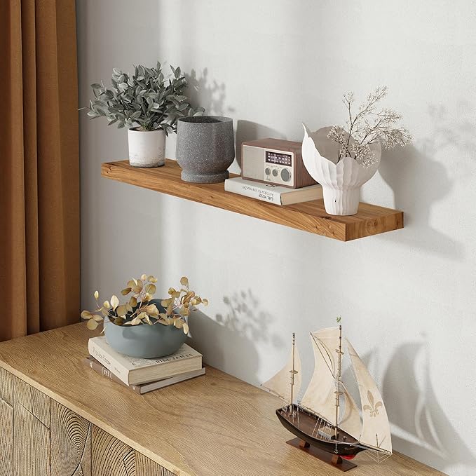 Fun Memories Wood Floating Shelves 40 Inch Long, Solid Elm Wood Wall Shelves Set of 1 for Kitchen, Living Room, Bedroom, Wall-Mounted Rustic Wooden Bathroom Shelf Storage Shelf for Farmhouse, Natural