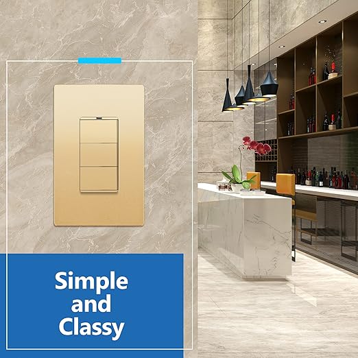 LIDER Minimalist Design Matte Finish Lighted Triple Switch With Screwless Wall Plate, Combination Frameless Decorator Switch with Locator Light, Ground Terminal, Single Pole, 15A 120V, UL Listed, Gold
