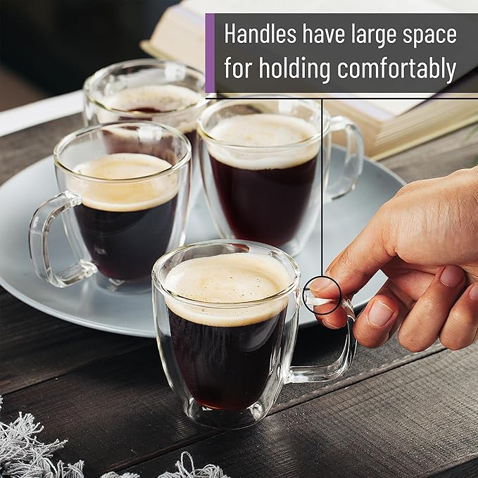 BTaT- Double Walled Glass Coffee Mugs, 16 oz, Set of 6, Glass Coffee Cups with Handle, Insulated Clear Coffee Mug for Hot and Cold Beverages, Cappuccino, Latte, Tea, Americano, Microwave Safe