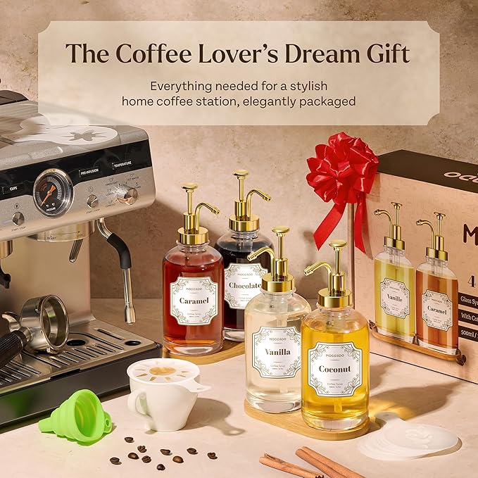 Moccado Glass Coffee Syrup Dispenser for Coffee Bar - Set of 2 Gold 500 ml / 16.9 oz Glass Syrup Bottles, Includes Bamboo Tray, 16 Stencils, Labels, Coffee Bar Accessories