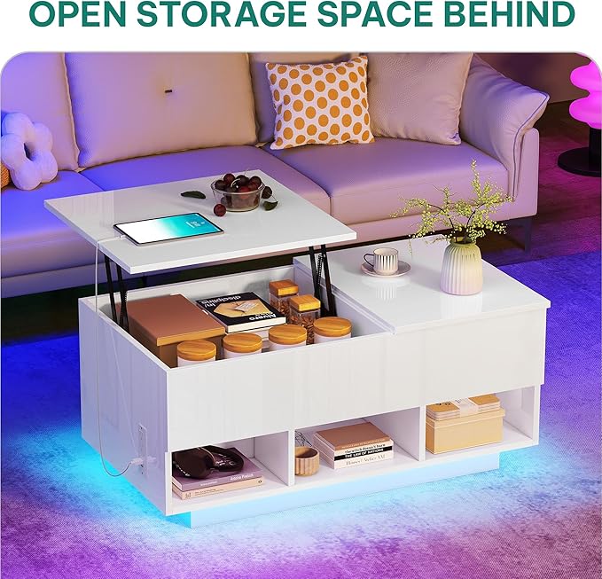 YITAHOME LED Lift Top Coffee Tables for Living Room with Power Outlets Charging Station, Modern Coffee Table with Storage 2 Drawers and Open Shelfs Rectangular Small Coffee Table Decor, Glossy White