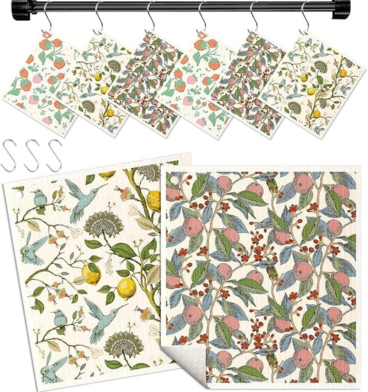 Kitchen Swedish Dishcloths with Hooks - 6 Pack Reusable Dish Cloths for Washing Dishes Fast Drying Cute Fun Swedish Dish Towels Washable Cleaning Sponge, Trees Fruits