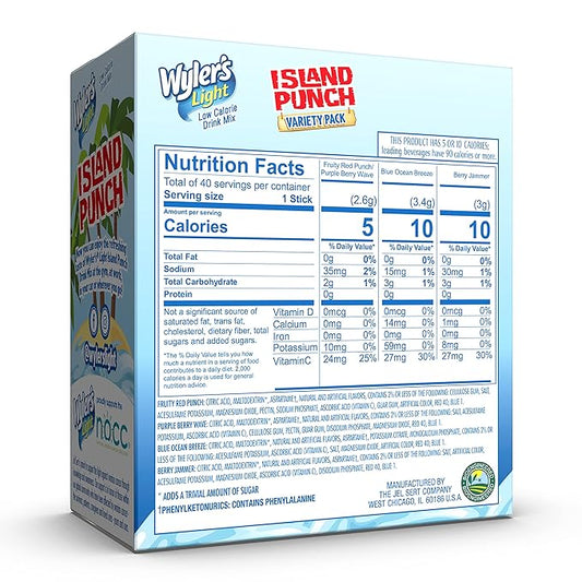 Wyler's Light Island Punch Singles to Go, Variety Pack, Fruity Red Punch, Purple Berry Wave, Berry Jammer and Blue Ocean Breeze, 1 Box (40 Single Servings)