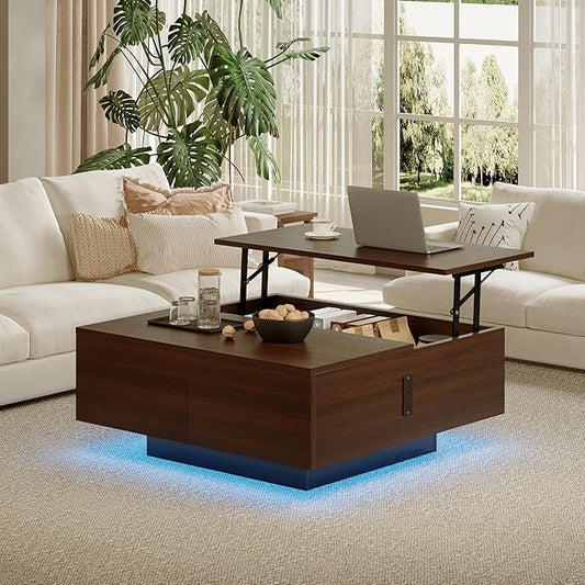 Square Lift Top Coffee Table, 31.5" Wooden Coffee Table with 2 Drawers & Hidden Storage, LED Lights & Charging Station, Mid Century Modern Center Table for Living Room Home Office (Walnut)