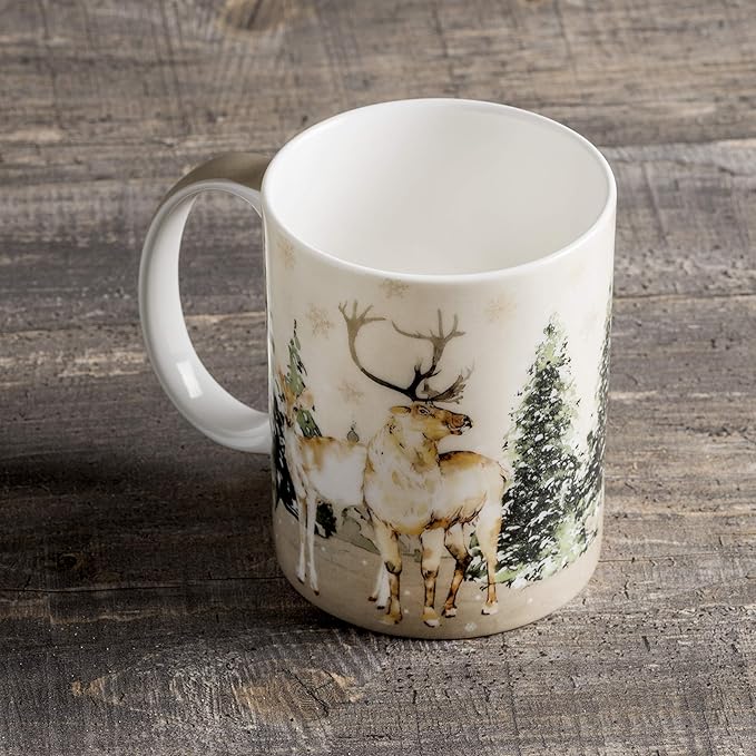 Maison d' Hermine Coffee Mug with Handles Fine Bone China Mugs Pack of One Tea Cups for Hot Beverages Cappuccino Latte Home Office Perfect for Gift (Deer In The Woods - Forest Deer, 12 Ounce)
