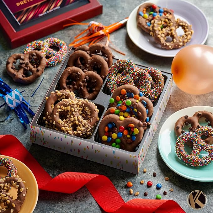 KREMERY Creamy Chocolate Cravings - Valentines Day Chocolate Covered Pretzel Twists Gift Basket, in Confetti Gift Box (12 Pretzels, Assorted Sweet Toppings) Xmas Treats Food Arrangement, Kosher