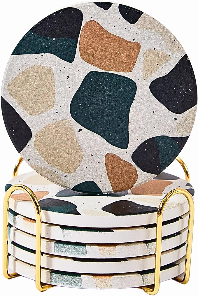 Black Terrazzo Drink Absorbent Coasters with Holder Set of 6, Ceramic Coaster for Drinks, Coffee Table Decor, Water Absorbing Stone Coaster for Drinks (Midnight)