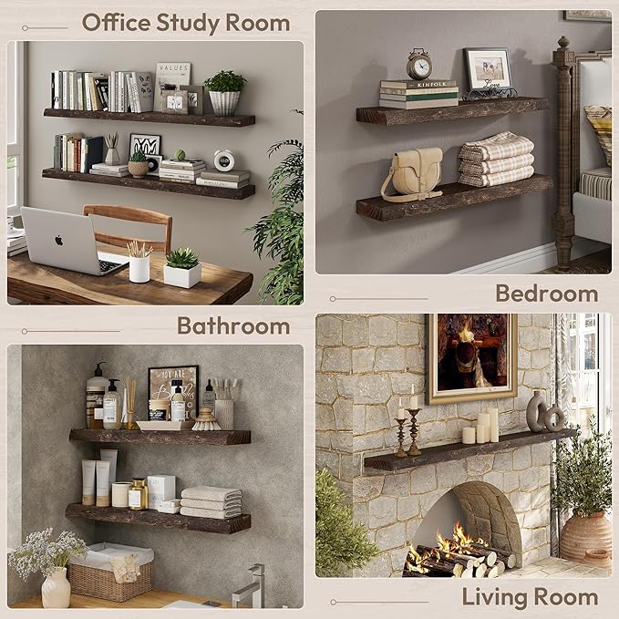 Marsmiles 30 inch Floating Shelves for Wall Elm Wood Live Edge Shelves|Rustic Wall Shelves with Invisible Heavy-Duty Bracket for Bathroom Living Room Kitchen|Walnut, 2 Pack