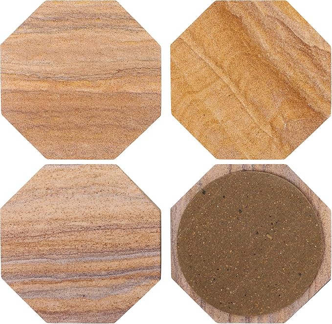 Sandstone Water Absorbent Hand Crafted Octagon Coasters for Drinks- Set of 4-4 inches Wide Thirsty Stone bar/Drink Coasters Made from Real Solid Stone (Without Holder, Set of 4)