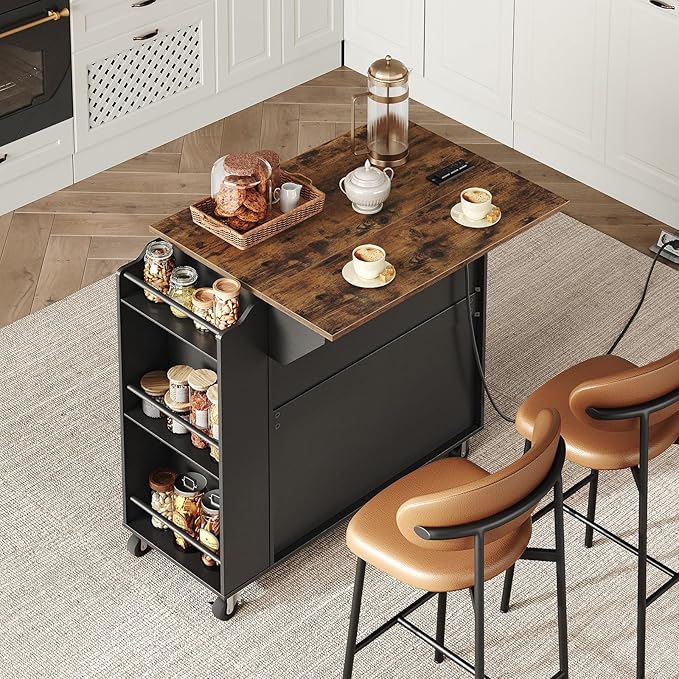 Kitchen Island with Power Outlets & Drop Leaf, Rolling Kitchen Cart on Wheels, Kitchen Storage Island with Spice Rack and Drawer for Kitchen, Dinning Room, Black and Rustic Brown