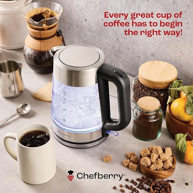 Electric Kettle for Boiling Hot Tea & Water | 1.7L Stainless Steel Borosilicate Glass Boiler With No Plastic, Automatic Shutoff, BPA Free, Fast Heating Technology (Black)
