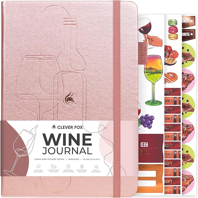 Clever Fox Wine Journal for Wine Tasting – Guided Wine Diary & Log Book with Tasting Instructions, Aroma Wheel, Food Pairing & Glass Guide – 132 Entries, Hardcover, A5 Size (Rose Gold)