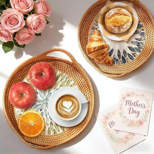 Mothers Day Gifts Set – 3 Handwoven Rattan Trays with Natural Shell Inlay, Boho Decorative Wicker Serving & Coffee Table Trays with Handles for Home Decor, Candles, Snacks & Holiday Entertaining