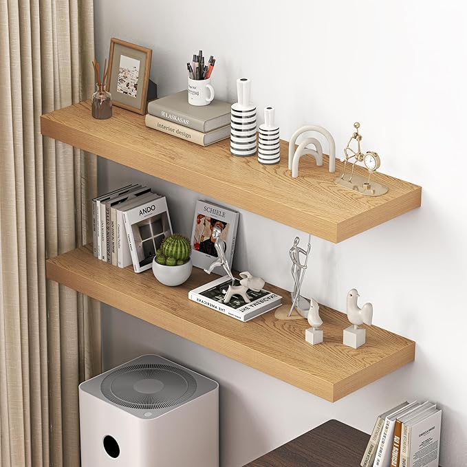 Dreamland 48" Floating Shelves for Wall, 12" Deep Thicker Oak Floating Shelves, Wall-Mounted Shelves for Bedroom, Living Room, Kitchen, Bathroom - Set of 2