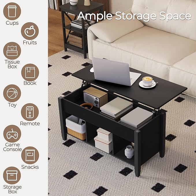 Yaheetech Coffee Table, Lift Top Coffee Table w/Hidden Storage Compartment & Lower 3 Cube Open Shelves, Lift Tabletop Center Tables for Living Room/Reception Room/Office, Black