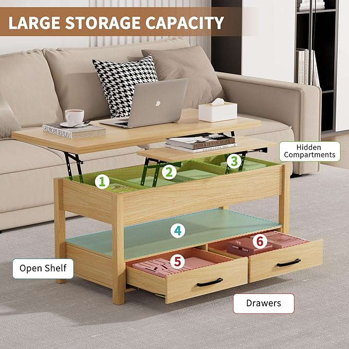 42'' Lift Top Coffee Table, 4-in-1 Multifunctional Lift Coffee Table with Storage & Hidden Compartments, Farmhouse Coffe Table with Lifting top for Living Room, Dining Reception Room, Wood