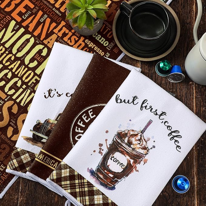 Ferraycle 4 Pieces Kitchen Dish Cloths Coffee Kitchen Hand Towels Absorbent Tea Towels 24 x 16 Inches, Cafe Lover Gift Bar Decorative Dish Cloths Rags, for Farmhouse(Mainly Brown,Vehicle Style)