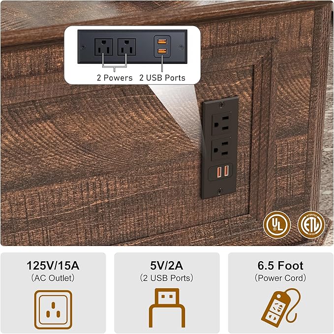 40 Inch Farmhouse Lift Top Coffee Table with Charging Station & Hidden Storage - Square Center Table with Adjustable Lifting Top, Large Storage Cabinet for Living Room, Bedroom, Home Office, Brown