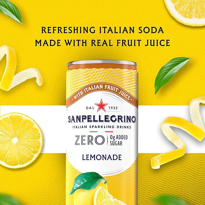 Sanpellegrino Zero Grams Added Sugar Italian Sparkling Drinks Lemonade, Sparkling Lemon Beverage, 24 Pack of 11.15 Fl Oz Cans