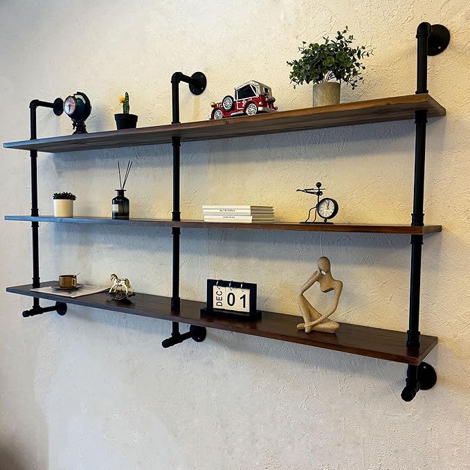 ROGMARS Industrial Pipe Wall Shelves Pipe Shelving with Real Wood Plank,70 Inches Floating Shelves for Wall Farmhouse Pipe Book Shelves Dark Brown 3Tier for Kitchen,Living Room Decor and Bar Shelving