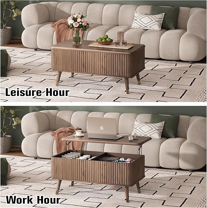 Lift Top Coffee Table with Storage, Mid Century Modern Fluted Wood Design,Pop-Up Walnut Center Table with Hidden Compartment for Living Room & Home Office Work/Dining