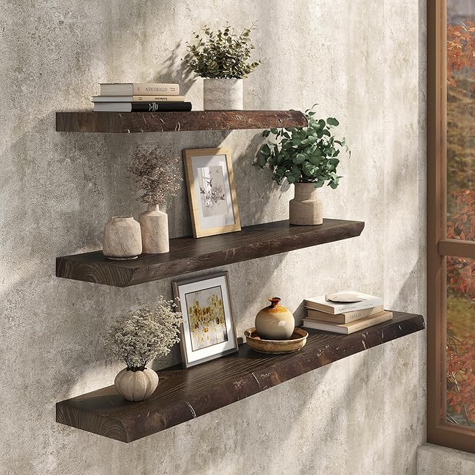 Floating Shelves Set of 2, Solid Elm Wood Wall Shelves 36 Inch - Invisible Bracket Mount for Living Room, Bedroom, Kitchen, Bathroom - Brown