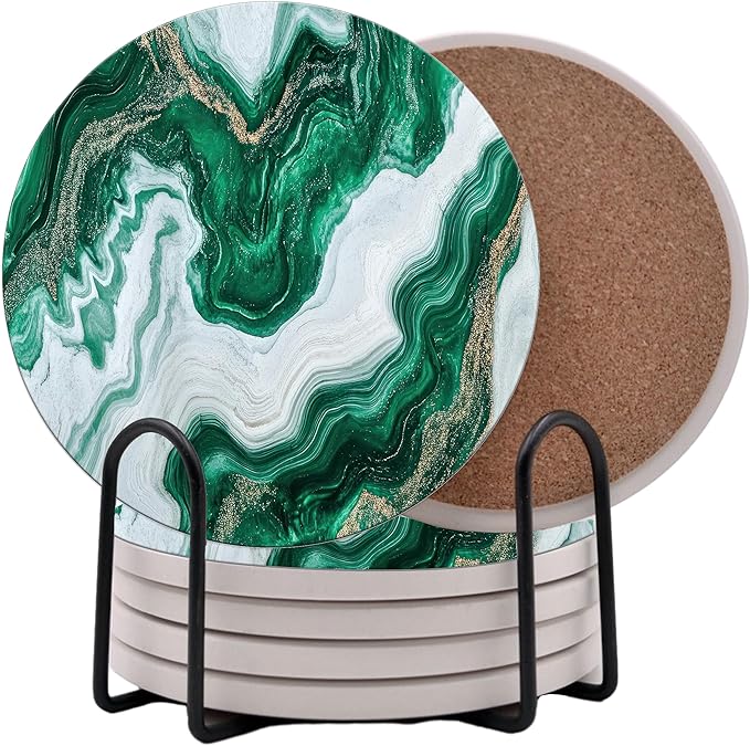 Green Moss White Agate Marble Round Coasters Set of 6 - Abosrbent Ceramic Coasters with Metal Stand for Drinks, Coffee, Non-Slip Cork Back Tabletop Protection, 4 Inches Marbled Pattern (White Green)