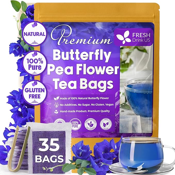 FreshDrinkUS, Premium 35 Butterfly Pea Tea Bags, 100% Natural and Pure from Butterfly Pea Flowers, Hand-made, Made With Natural Materials-Corn Fiber Tea Bag, Sugar/Caffeine/Gluten Free, Vegan