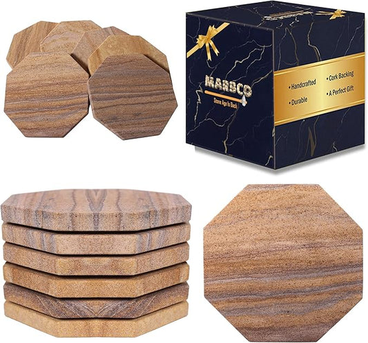 Sandstone Water Absorbent Hand Crafted Octagon Coasters for Drinks- Set of 6-4 inches Wide Thirsty Stone bar/Drink Coasters Made from Real Solid Stone (Without Holder, Set of 6)