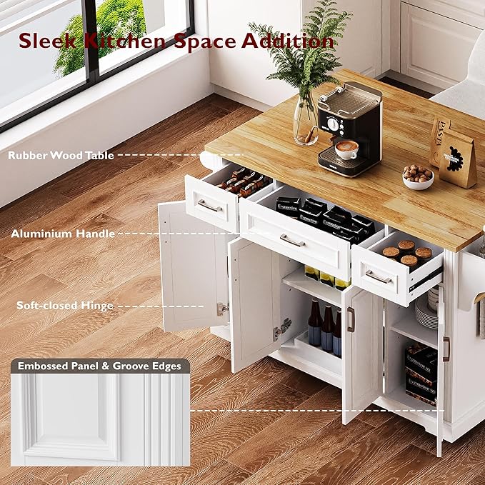 Yayzy Rolling Kitchen Island with Drop Leaf, 3 Drawers & 4 Cabinet Doors, 54” Mobile Kitchen Cart with Rubberwood Top, Side Storage Racks & Locking Wheels for Dining Room & Kitchen, White