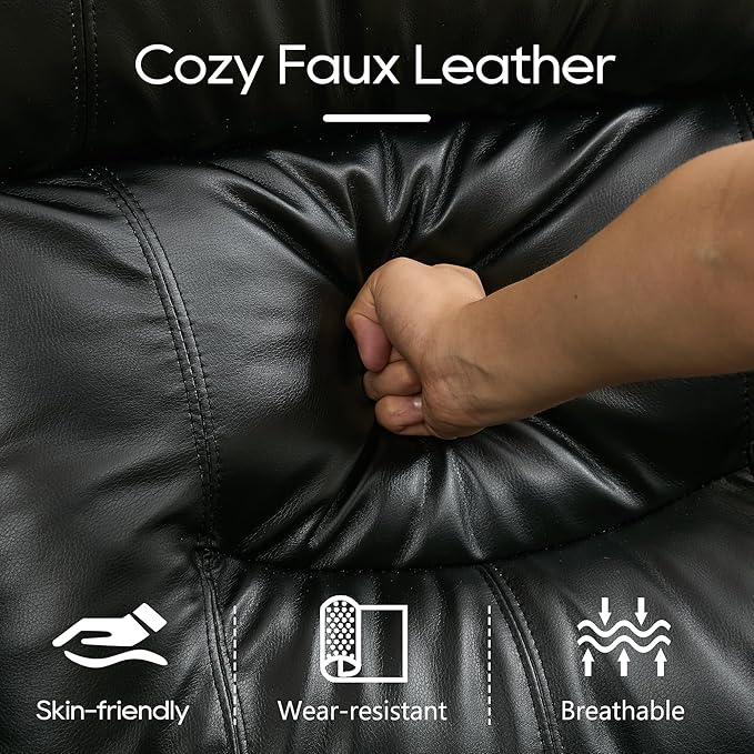 DRMBOOK RV Loveseat Recliner Sofa with Console, Faux Leather Double Wall Hugger Reclining Couch Manual Home Movie Seating 2 Person Recliner Chair with Cup Holders/Storage/Pocket/Lumbar Pillow, Black