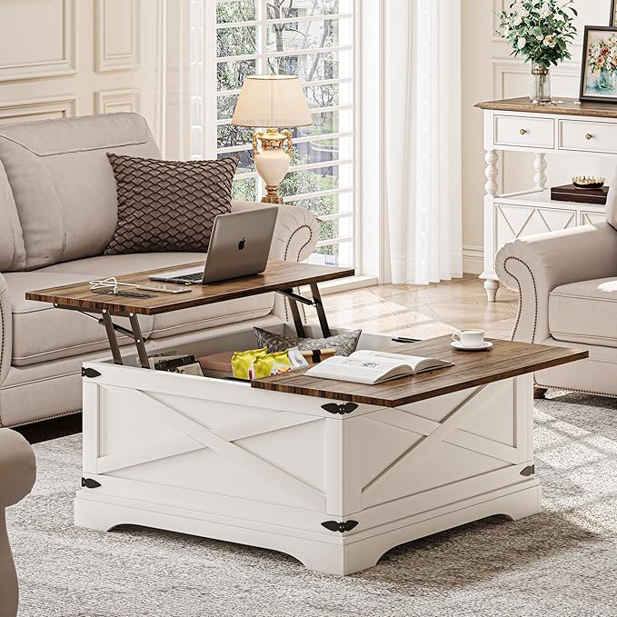 Lift Top Coffee Table with Storage, Square Coffee Table for Living Room with Charging Ports, Farmhouse Dining Table with Large Hidden Storage, White, 31.5"