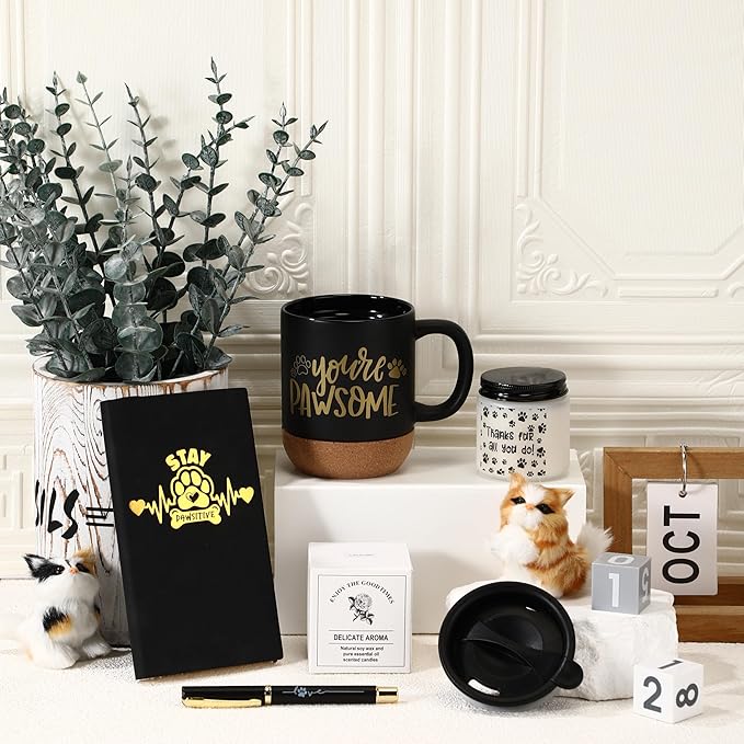 4 Pcs Veterinary Gifts Set Black Thank You Gift for Cat Dog Groomers Trainer Coffee Mug Scented Candle Notebook Pen for Vet Tech Veterinary Assistant Receptionist Dog Sitter Daycare Coworker