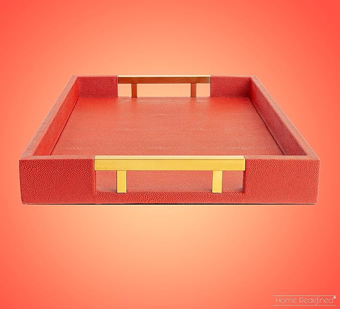 Modern Elegant 17.5"x12" Rectangle Red Shagreen Faux Leather Decorative Tray Ottoman Coffee Table Perfume Living Room Kitchen Serving Tray with Gold Polished Metal Handles by Home Redefined