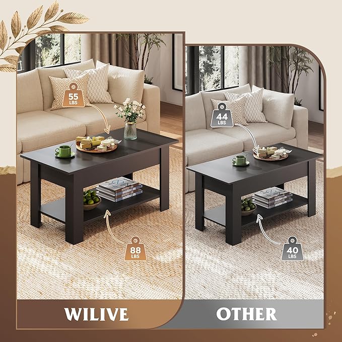 WLIVE Coffee Table, 39" Lift Top Coffee Table with Hidden Compartment, Storage Shelf and Lifting Top for Home Living Room, Office and Reception Room, Black