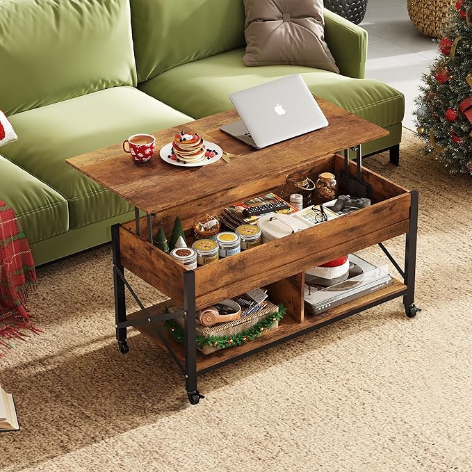 WLIVE Coffee Table, 41.3" Lift Top Coffee Table with 4 Wheels, Hidden Compartment, Storage Shelf and Lift Tabletop for Living Room, Reception Room, Rustic Brown