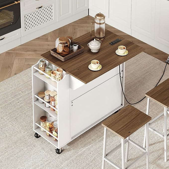 Kitchen Island with Power Outlets & Drop Leaf, Rolling Kitchen Cart on Wheels, Kitchen Storage Island with Spice Rack and Drawer for Kitchen, Dinning Room, White and Walnut
