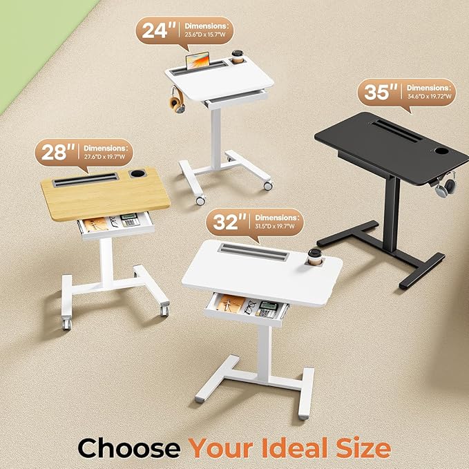 Mobile Standing Desk with Drawer, 28" Rolling Desk with Cup Holder and Hooks, Portable Laptop Workstation on Wheels, Height Adjustable Cart with Storage for Home Office, Maple