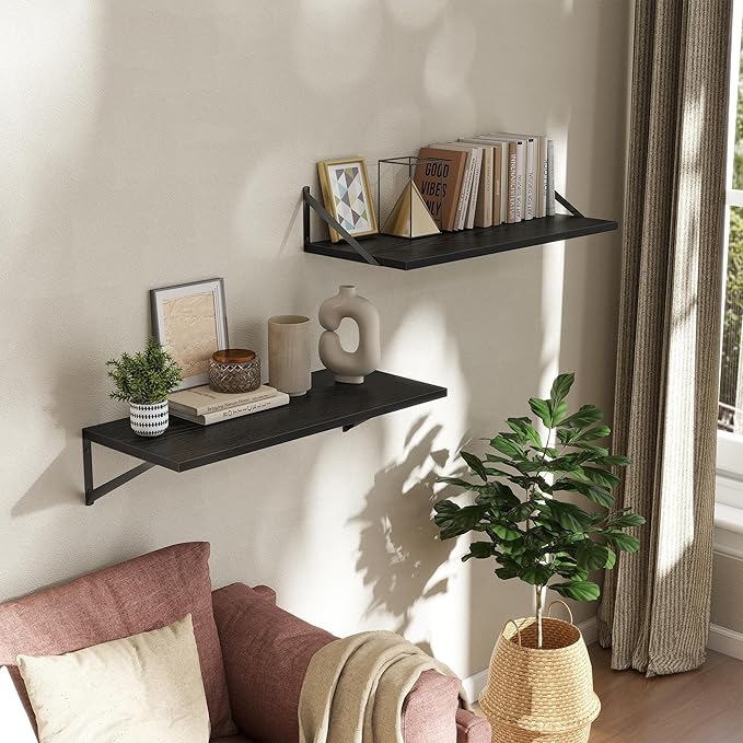 Deep Floating Shelves Wall Mounted, 30"x12" Black Wall Shelves with Brackets Set of 2 for Bedroom, Living Room, Bathroom, Kitchen, Office - Storage & Display Shelf for Decor, Books, Plants