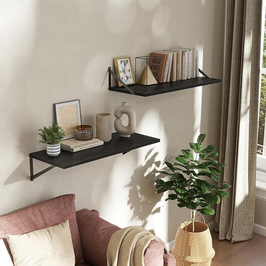 Deep Floating Shelves Wall Mounted, 30"x12" Black Wall Shelves with Brackets Set of 2 for Bedroom, Living Room, Bathroom, Kitchen, Office - Storage & Display Shelf for Decor, Books, Plants
