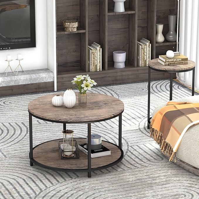 NSdirect Round Coffee Table, 25.6" Small Coffee Table for Living Room,2-Tier Rustic Wood Desktop with Storage Shelf Modern Design Home Furniture(Light Walnut)