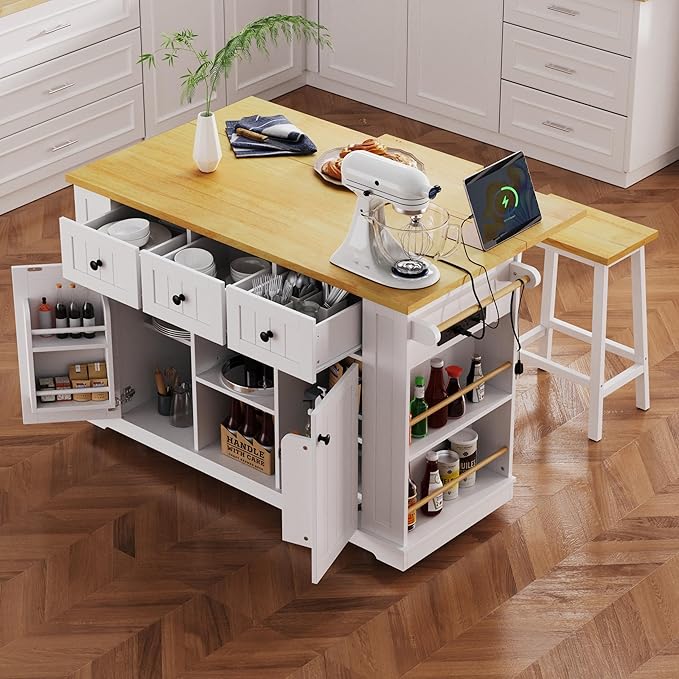 Rolling Kitchen Island with Drop Leaf & Power Outlet, Large Kitchen Islands Cart on Wheels, Movable Kitchen Island with 5 Open Storage Shelves & Towel Rack for Kitchen, Dining Room, 53-Inch, White